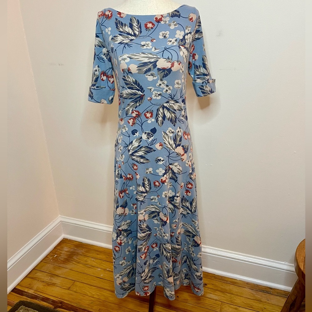 Lauren Ralph Lauren Floral Midi Dress Blue Stretch Knit Size M